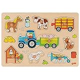 goki 57468 - Steckpuzzle Traktor mit Anhängern aus Holz - 9 Teile