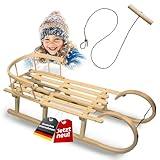 Hörnerrodel 120 cm mit Rückenlehne - Holzschlitten aus Buchenholz für 2 Personen - Hörnerschlitten Rodelschlitten mit Zugseil & Stahlkufen
