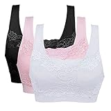 Vertvie Womens Strech Ohne Buegel Push up Yoga Sports BH Bra Top Set Fuer Fitnesstraining Polsterung 3er Pack (EU M/Tag L, Schwarz+Rosa+Weiß)