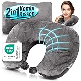 Heimwert Reisekissen - 2in1 Memory Foam Nackenkissen Stützkissen,Nackenhörnchen, 37x27 cm - Travel Pillow für Flugzeug, Camping, Reise - Ergonomisches Kopfkissen mit Microperlen (Grau)
