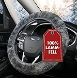 WALSER Lammfell Lenkradbezug Auto, 100% Lammfell Lenkradschutz Auto, Auto Lenkradbezug, Lenkradbezug Fell, Lenkrad Bezug, Auto Winter Zubehoer, Lenkradbezug Winter, Lenkrad Wärmer grau