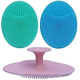 MMSGA Silikon Baby-Badebürste, Kopfhaut-Massagebürste, Babybettbürste, Shampoo, manuelle Gesichtsreinigungsbürste für Erwachsene, Peeling-Bürste, ultraweiches Silikonpinsel (Blau+Rosa+Grün)