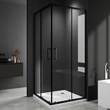 Duschkabine Eckeinstieg 75x90cm Schiebetür Duschabtrennung, Stangengriff Doppel Schiebetür Dusche, Duschwand mit 6mm ESG Sicherheitsglas Schiebetüren Verstellbar -20mm, Höhe 185cm in Schwarz Alu