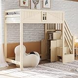 Merax Massivholz-Hochbett 90x200 cm, Kinderbett mit Seitliche Ablage & Austauschbarer Leiter Links/Rechts, Multifunktionsbett mit Stauraum, Holzfarbe (ohne Matratze)