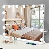 Buildonely Schminkspiegel mit Beleuchtung, 14 LED Licht Dimmbare mit 3 Lichtmodi, Hollywood Spiegel mit Beleuchtung, Tischspiegel, Wandspiegel, Touch Control, mit 10X Vergrößerung- 50x43cm