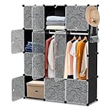 Monucep Kleiderschrank, Tragbarer Regalsystem, 12 Würfel Schrank aus Kunststoff, offener kleiderschrank Mit 2 Kleiderbügeln und 2 Haken, Schwarz