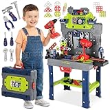 Kinderplay Kinder Werkbank 132 TLG mit Werkzeugset und Bohrmaschine, Werkstatt für Kinder ab 3 Jahren, 2 in 1 Werkbank Koffer, Werkzeugbank Spielzeug für Jungen und Mädchen