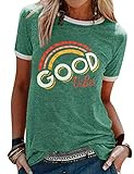 Dresswel Damen Good Vibes T-Shirt Regenbogen Muster Shirt Rundhals Kurzarm/Langarmshirt Oberteile Hemd Tops Bluse(1-Green,XL)