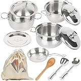 Edelstahl Mini Küche Spielen Kochgeschirr Set, Küche Kochen Töpfe und Pfannen Kochgeschirr Spielzeug，Kinderküche Kochgeschirr Spielzeug，Mit 1 Blume Stoffbeutel, Altersgerecht 3+Jungen und Mädchen