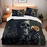 Bettbezug 200x220 cm Bettwäsche Winter 3D Totenkopf Blumen Gotisch Muster Intensive Farbe Mikrofaser Bettwäsche Warm Sanft Bettbezug mit ReißVerschluss Und EckbäNdern + 2 Kissenbezug 80x80 Flauschig