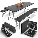 Arebos Bierzeltgarnitur 3-teilig Set Tisch + 2 x Bank | Festzeltgarnitur für drinnen - draußen | Biertisch Set | Zusammenklappbar & mit Tragegriff Campingtisch | Rattan-Look Schwarz