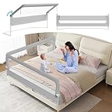 Tubiaz 200cm Bettgitter Rausfallschutz, Kinderbettgitter um 180 Grad Klappbar, Bettschutzgitter Höhenverstellbar 72-86cm, Babybettgitter mit Trapezförmige Füße und Befestigungsgurte, Grau
