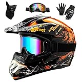 WEITY Motocross Helm Set mit Brille Handschuhe Gesichtsmaske, für Kinder und Erwachsene, Full Face AVT MX Motorradhelm für Downhill Offroad Enduro Scooter Sport tification Orange, DSF