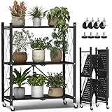 ALANNG Blumenständer mit Rädern, 3 Ablagen Stabiler Pflanzenständer, Metall Pflanzenregal Indoor Einfach/Klappbar, Schwarz
