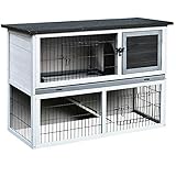 PawHut Zwergkaninchenstall Kleintierkäfig mit Bodenwanne und Rampe Kleintierstall Kleintierhaus Outdoor Indoor Tannenholz Dunkelgrau+Schwarz 108 x 45 x 78 cm
