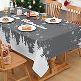Alishomtll Weihnachten Grau Tischdecke, Abwaschbar Outdoor Tischtuch Rechteckig Wasserabweisend, Schneeflocken Weihnachtsbaum Tablecloth für Winter Party Ferien Deko Tischwäsche, 130x220cm