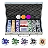 Homwom Poker-Set 300-teilig: Laserpokerchips in verschiedenen Werten und Farben, Komplettset mit 12g Zahlenchips und Aluminiumkoffer
