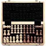 A&A Magnetisches Schach-Set aus Holz, 38,1 cm, klappbares Brett, 7,6 cm, Königshöhe Deutscher Ritter Staunton Schachfiguren/Walnuss & Ahornholz / 2 extra Königin/Brettspiele