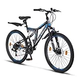 Chillaxx Bike Falcon Premium Mountainbike in 24 und 26 Zoll - Fahrrad für Jungen, Mädchen, Damen und Herren - Scheibenbremse- 21 Gang-Schaltung - Vollfederung (26 Zoll, Schwarz-Blau Disc-Bremse)