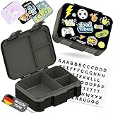 BEARFOOT Bento Box COMPACT | BPA-freie Kinder Brotdose für Schule & Kindergarten | Auslaufsichere Lunchbox für Mädchen & Jungen | Praktisch, leicht & kompakt (Sticker-schwarz, 650ml)