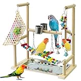 BREUAILY Papageien Spielplatz mit Spiegel Naturholz Vogel Ständer Papageien Spielständer mit Edelstahl Futtertasse Schaukel Leiter Glocken für kleine Sittiche Nymphensittiche Wellensittiche