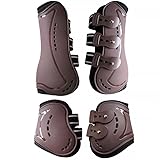 Merauno® Gamaschen & Streichkappen, 4er Set Gamaschen Pferdesehne Bandage mit Robust Elastisch, PU Shell, Neopren atmungsaktiven Löchern für Springen, Reiten, Events (L, Braun)