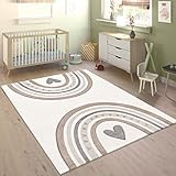 Paco Home Teppich Kinderzimmer Kinderteppich Junge Mädchen Pastell 3D Effekt Modern Regenbogen Herz Beige Creme Grau, Grösse:80x150 cm