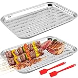 2 Stück Grillschale Wiederverwendbar mit Bürste: 34,9 X 24,5 X 2,7cm Grillschale Edelstahl, Wiederverwendbare Grillkorb Gemüsekorb, Grillzubehör für Gemüse Fisch oder Fleisch für Gas-, Elektro