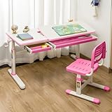[en.casa] Schreibtisch Kinder Sauda Kinderschreibtisch höhenverstellbar 120 x 60 cm Schülerschreibtisch mit neigbarer Tischplatte und 2 Schubladen Pink/Weiß