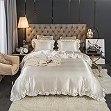 Freyamy Satin Bettwäsche 135x200 Glatt Luxus Seide Glanzsatin Bettwäsche Set Weiß Einfarbig Rüschen Romantisch Sommer Bettwäsche Sets 1 Bettbezüge und Kissenbezug 80x80 mit Reißverschlüsse