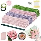 400 Stück Pfeifenputzer zum Basteln, Pfeifenreiniger Blumen Set mit LED-Lichtleiste, Schleifenband, Blumen-Staubblatt, Blumenpapier, Pfeifenreiniger Blumen Kit für Tulpe Blumenstrauß DIY