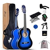Winzz Konzertgitarre 3/4, Klassische Gitarre Anfänger Set für Kinder Teenager Studenten Anfänger mit Nylon-Saite- Blau Glänzend (36 Zoll)