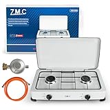 Z.M.C Gaskocher Campingkocher 2-Flammig Gasherd Kochfeld inkl. Schlauch + Regler, für Propan LPG Gasflasche, 2.2 kW je Brenner, 30mbar - 50mbar geeignet, mit Abnehmbarer Deckel, für Outdoor