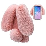 LCHDA Plüsch Hülle für Samsung Galaxy S10 Plus Künstlicher Haar Flauschige Kaninchen Handyhülle Mädchen Süße Hasen Ohren Fell Niedlich Handytasche Stoßfest Schützend TPU Silikonhülle - Rosa