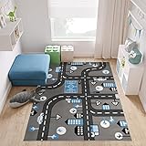 TAPISO Pinky Teppich Kurzflor Kinderteppich Kinderzimmer Grau Blau Schwarz Weiß Pastellfarben Modern Straße Spielteppich ÖKOTEX 80 x 150 cm