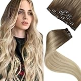 LaaVoo Clip in Extensions Echthaar Balayage 30cm Remy Clip in Haarverlängerung Echthaar Extensions Clip in Ombre Braun zu Aschblond mit Platinblond Clip Extensions Echthaar 70G/5Stück