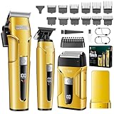VGR 694 Haarschneidemaschine Profi Set, Kabelloses Haarschneider Herren, Trimmer und Rasierer Set mit Magnetische Ladestation, Barber Set mit Klinge Aus Keramik Kohlenstoffstahl und LED Display, Gold