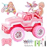 BEZGAR Ferngesteuertes Auto Rosa Jeep - 1:16 SUV Off-Road Auto mit 2 Puppen und 4 Windmühlen, 80 Min. Spielzeit, LED-Leuchten, 2,4 GHz Monster Trucks, Spielzeugauto für Kinder ab 4+ Jahren