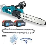 Akku Kettensäge, Ersatz für Makita，Einhand Kettensäge, mit 2x5500mAh Akku，12 Zoll Kabellose Motorkettensägen, Kleine Handkettensäge zum Schneiden von Bäumen