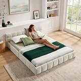 Yihomfy Doppelbett 140x200 cm, Bett mit seidig weichem Chenille - Bezug, quadratischem Steppdesign, aus ökologischem Eukalyptusholz und stabilem Eisenrahmen,Beige