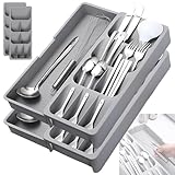 VIDETOL 2 Stück Besteckkasten, 40,5 x 16,5 x 5,5 cm Besteck Organizer, 9 FäChern Besteck Organizer Schublade, Expandable Besteckeinsatz Grau für Löffel, Messer Gabel und Besteck