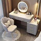 MiaJJooLi Schminktisch mit Stuhl,Kosmetiktisch mit Spiegel,5 Schubladen Samtstoff Frisiertisch Make Up Tisch Vanity Table für Mädchen,Robustes Massivholz-Kosmetikset mit Granitplatte