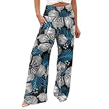 Bedruckte Hose mit weitem Bein für Damen, elastische hohe Taille, weites Bein, Palazzo-Hose Damen Kurze Hose Stoff (Blue #4, M)