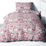 Heubergshop 2-teilige Seersucker Bettwäsche 135x200cm und 80x80cm - Love Liebe Herzen Landhaus in rot und grau - Bettgarnitur aus 100% Baumwolle, bügelfrei (EW-358/1)