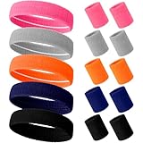Newofview 15 Stück 80er Neon Schweissband Set,5 Farben Stirnband mit 10 Stück Handgelenk Schweißband für Laufen Radfahren