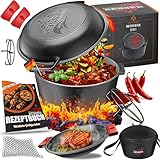 KESSER® Dutch Oven 2in1 Gusseisen Topf 4,8L und Pfanne 1,8L einsatzfertig eingebrannt Inkl. Kochbuch Schmortopf Doppelfunktion Deckel/Bratpfanne für Küche Camping Garten BBQ Backen Gasgrill, Schwarz