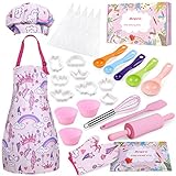 Anpro Chef-Set Koch-und Backset für Kinder, Backset Rollenspiele maßgeschneiderte Schürzen, Kochmützen, Handschuhe und Einhornmuster Kinderkoch Rollenspielkostüme, Kinder ab 3-7