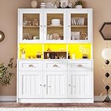 Hochschrank mit LED-Beleuchtung Verstellbaren Ablagen Vitrinen für Wohnzimmer Esszimmer Küche Schlafzimmer Büro Lagerschränke Sideboard Anrichte Schließfächer Weiß