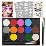 Jsdoin Kinderschminke Set, Waschbar 15 Farben Schminkfarben Schminkpalette für Kinder und Erwachsene, Ostern, Kinderschminke Fasching mit 2 Pinsel, 40 Tattoos Vorlagen und Glitzernde Perlenaufkleber