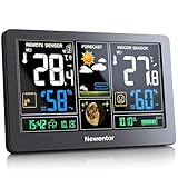 Newentor Wetterstation Funk mit Außensensor - Funkwetterstation mit Wettervorhersage, Temperaturwarnung, DCF Funkuhr - Batteriebetrieb und Netzbetrieb, Schwarz